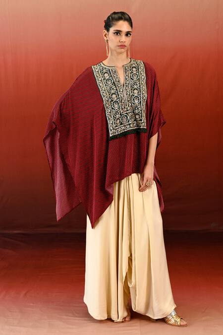 Shop Swati Vijaivargie Maroon Bemberg Modal Satin Doorva Embroidered Yoke Poncho With Skirt Online at Aza Fashions Shop_Swati Vijaivargie_Maroon Bemberg Modal Satin Doorva Embroidered Yoke Poncho With Skirt _Online_at_Aza_Fashions