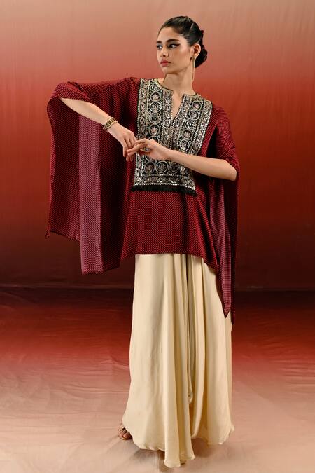 Swati Vijaivargie Maroon Bemberg Modal Satin Doorva Embroidered Yoke Poncho With Skirt at Aza Fashions Swati Vijaivargie_Maroon Bemberg Modal Satin Doorva Embroidered Yoke Poncho With Skirt _at_Aza_Fashions