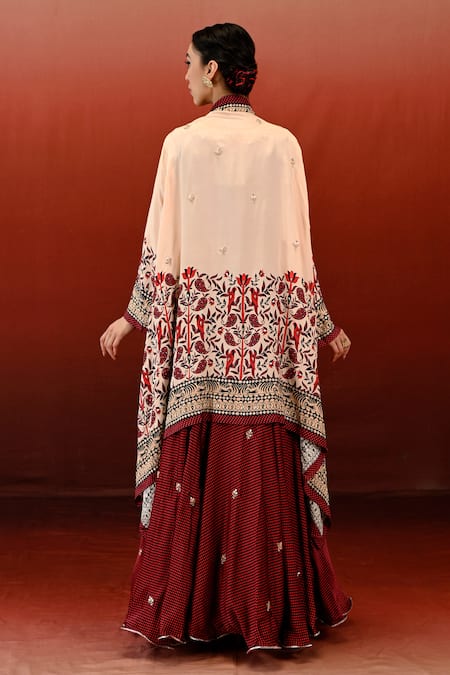 Shop Swati Vijaivargie Maroon Silk, Brocade Embroidery Sarang Floral Jungle Print Cape Lehenga Set at Aza Fashions Shop_Swati Vijaivargie_Maroon Silk, Brocade Embroidery Sarang Floral Jungle Print Cape Lehenga Set _at_Aza_Fashions