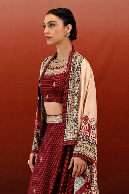 Shop Swati Vijaivargie Maroon Silk, Brocade Embroidery Sarang Floral Jungle Print Cape Lehenga Set Online at Aza Fashions Shop_Swati Vijaivargie_Maroon Silk, Brocade Embroidery Sarang Floral Jungle Print Cape Lehenga Set _Online_at_Aza_Fashions