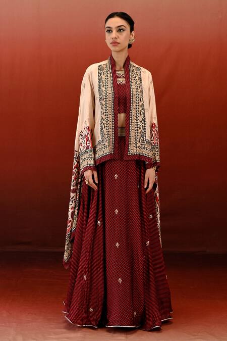 Buy Swati Vijaivargie Maroon Silk, Brocade Embroidery Sarang Floral Jungle Print Cape Lehenga Set Buy_Swati Vijaivargie_Maroon Silk, Brocade Embroidery Sarang Floral Jungle Print Cape Lehenga Set