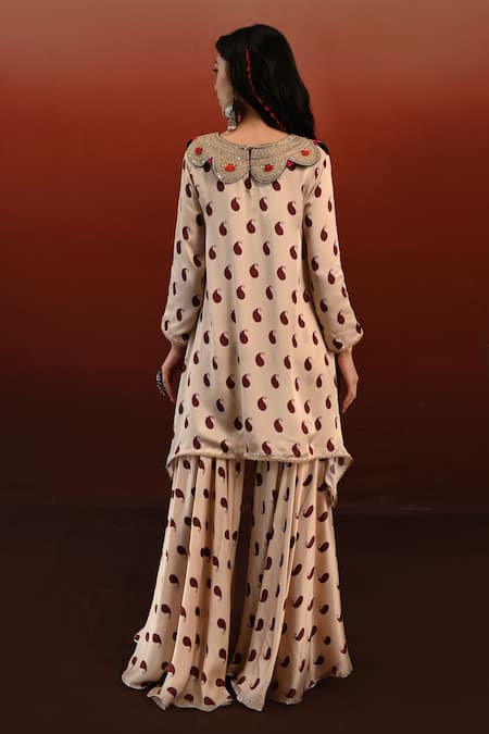 Shop Swati Vijaivargie Off White Bemberg Modal Satin Sarika Paisley Print Tunic With Sharara at Aza Fashions Shop_Swati Vijaivargie_Off White Bemberg Modal Satin Sarika Paisley Print Tunic With Sharara _at_Aza_Fashions