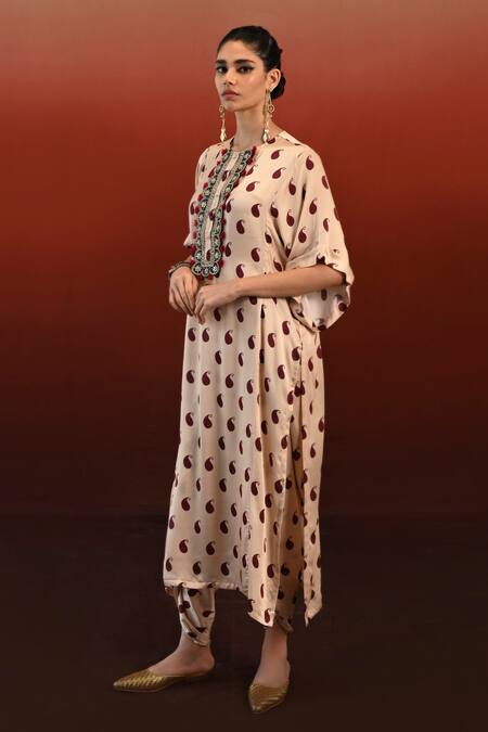 Shop_Swati Vijaivargie_Off White Bemberg Modal Satin Print Paisley Chameli Kaftan With Dhoti Pant _Online_at_Aza_Fashions