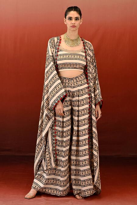 Swati Vijaivargie Off White Noor Silk Abstract Print Cape Pant Set Online at Aza Fashions Swati Vijaivargie_Off White Noor Silk Abstract Print Cape Pant Set _Online_at_Aza_Fashions