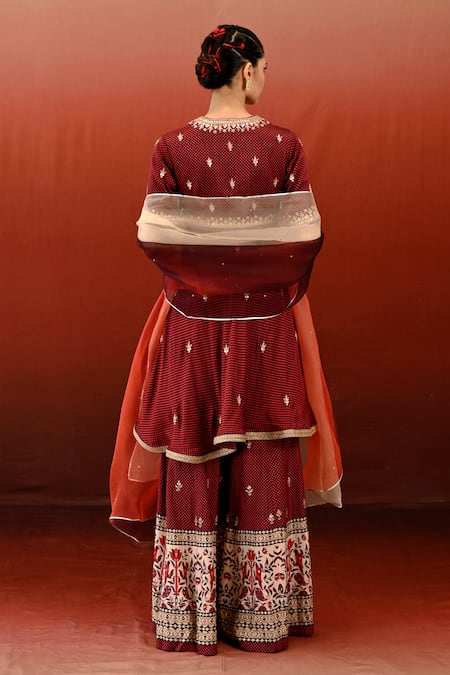 Shop Swati Vijaivargie Maroon Raat Rani Geometric Print Anarkali Sharara Set at Aza Fashions Shop_Swati Vijaivargie_Maroon Raat Rani Geometric Print Anarkali Sharara Set _at_Aza_Fashions