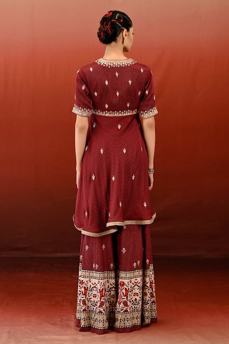 Swati Vijaivargie Maroon Raat Rani Geometric Print Anarkali Sharara Set Online at Aza Fashions Swati Vijaivargie_Maroon Raat Rani Geometric Print Anarkali Sharara Set _Online_at_Aza_Fashions