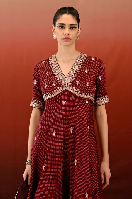 Shop Swati Vijaivargie Maroon Raat Rani Geometric Print Anarkali Sharara Set Online at Aza Fashions Shop_Swati Vijaivargie_Maroon Raat Rani Geometric Print Anarkali Sharara Set _Online_at_Aza_Fashions