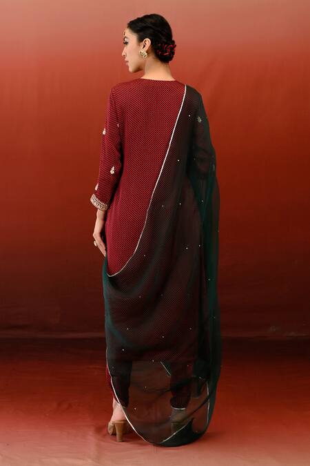 Swati Vijaivargie Maroon Bemberg Modal Satin Print Moli Embroidered Yoke Kurta Dhoti Set Online at Aza Fashions Swati Vijaivargie_Maroon Bemberg Modal Satin Print Moli Embroidered Yoke Kurta Dhoti Set _Online_at_Aza_Fashions