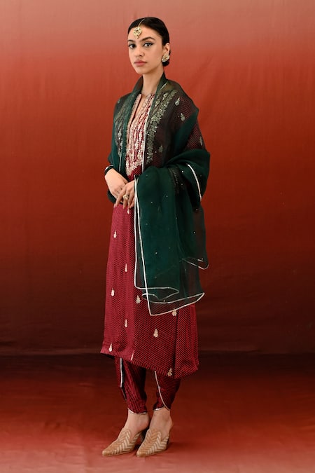 Shop Swati Vijaivargie Maroon Bemberg Modal Satin Print Moli Embroidered Yoke Kurta Dhoti Set Online at Aza Fashions Shop_Swati Vijaivargie_Maroon Bemberg Modal Satin Print Moli Embroidered Yoke Kurta Dhoti Set _Online_at_Aza_Fashions