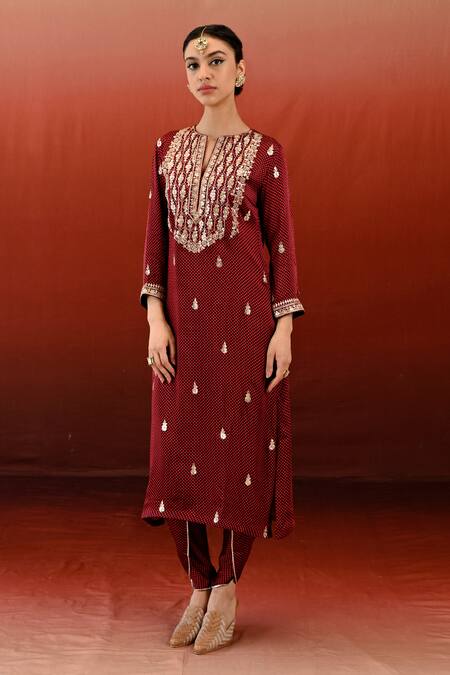 Swati Vijaivargie Maroon Bemberg Modal Satin Print Moli Embroidered Yoke Kurta Dhoti Set at Aza Fashions Swati Vijaivargie_Maroon Bemberg Modal Satin Print Moli Embroidered Yoke Kurta Dhoti Set _at_Aza_Fashions