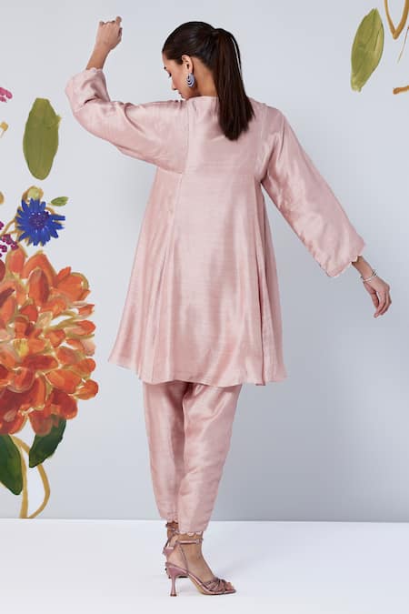 Shop Ridhi Mehra Pink Arbor Solid Silk Kurta And Tulip Pant Set at Aza Fashions Shop_Ridhi Mehra_Pink Arbor Solid Silk Kurta And Tulip Pant Set _at_Aza_Fashions