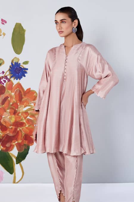 Ridhi Mehra Pink Arbor Solid Silk Kurta And Tulip Pant Set Online at Aza Fashions Ridhi Mehra_Pink Arbor Solid Silk Kurta And Tulip Pant Set _Online_at_Aza_Fashions