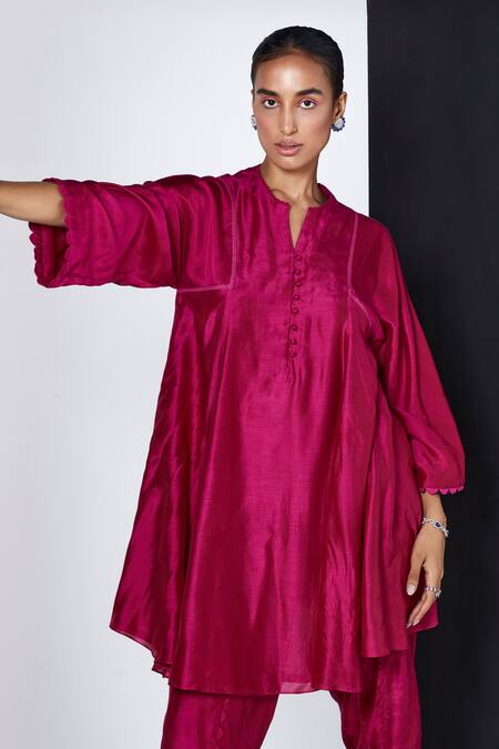 Buy Ridhi Mehra Fuchsia Silk Collared Ahzuro Solid Kurta And Tulip Pant Set Online at Aza Fashions Buy_Ridhi Mehra_Fuchsia Silk Collared Ahzuro Solid Kurta And Tulip Pant Set _Online_at_Aza_Fashions