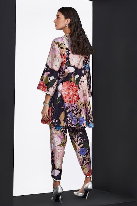 Shop Ridhi Mehra Black Chanderi Printed Floral Notched Aimberi Kurta And Tulip Pant Set at Aza Fashions Shop_Ridhi Mehra_Black Chanderi Printed Floral Notched Aimberi Kurta And Tulip Pant Set _at_Aza_Fashions