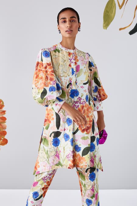 Shop Ridhi Mehra Green Chanderi Printed Floral High Kassia Kurta And Salwar Pant Set at Aza Fashions Shop_Ridhi Mehra_Green Chanderi Printed Floral High Kassia Kurta And Salwar Pant Set _at_Aza_Fashions