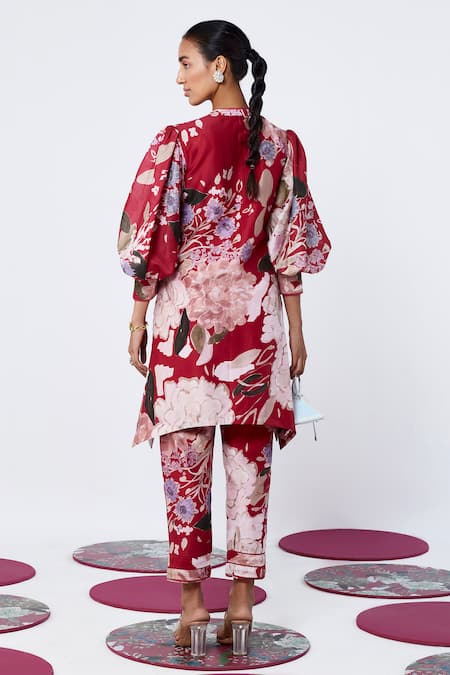 Shop Ridhi Mehra Red Chanderi Printed Floral High Neck Lita Kurta And Salwar Pant Set at Aza Fashions Shop_Ridhi Mehra_Red Chanderi Printed Floral High Neck Lita Kurta And Salwar Pant Set _at_Aza_Fashions