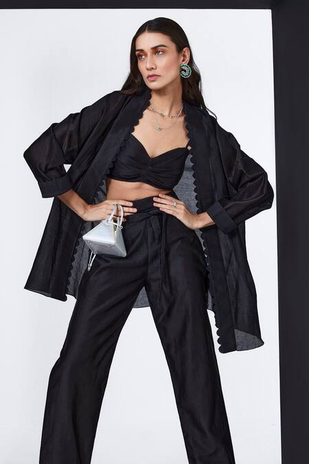 Buy Ridhi Mehra Black Chanderi Lace Sweetheart Neck Sierra Cape Pant Set Online at Aza Fashions Buy_Ridhi Mehra_Black Chanderi Lace Sweetheart Neck Sierra Cape Pant Set _Online_at_Aza_Fashions