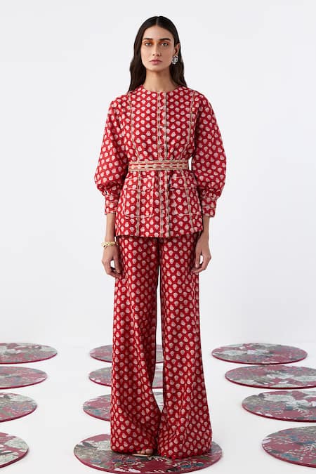 Ridhi Mehra Red Chanderi Printed Embroidered Thread Fioralba Shirt And Pant Set 
