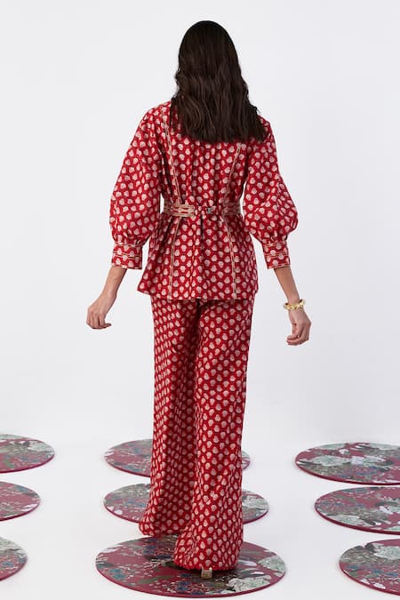Shop Ridhi Mehra Red Chanderi Embroidery V-neck Fioralba Printed Shirt And Pant Set at Aza Fashions Shop_Ridhi Mehra_Red Chanderi Embroidery V-neck Fioralba Printed Shirt And Pant Set _at_Aza_Fashions