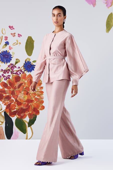 Shop Ridhi Mehra Pink Chanderi Round Neck Palesa Shirt Flared Pant Set at Aza Fashions Shop_Ridhi Mehra_Pink Chanderi Round Neck Palesa Shirt Flared Pant Set _at_Aza_Fashions
