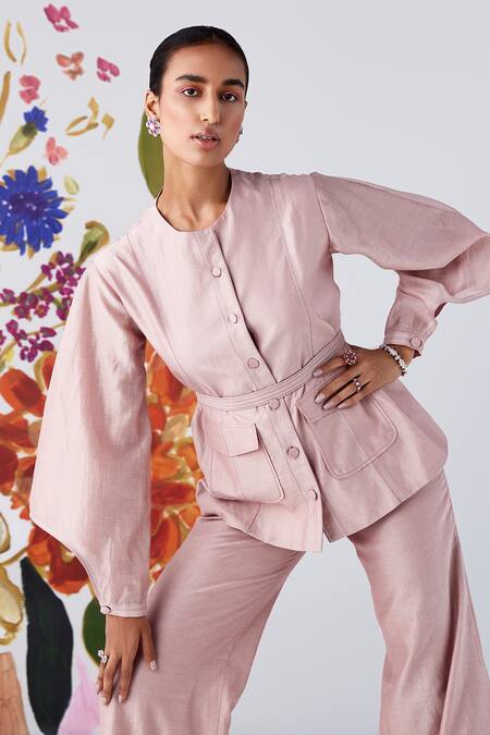Buy Ridhi Mehra Pink Chanderi Round Neck Palesa Shirt Flared Pant Set Online at Aza Fashions Buy_Ridhi Mehra_Pink Chanderi Round Neck Palesa Shirt Flared Pant Set _Online_at_Aza_Fashions