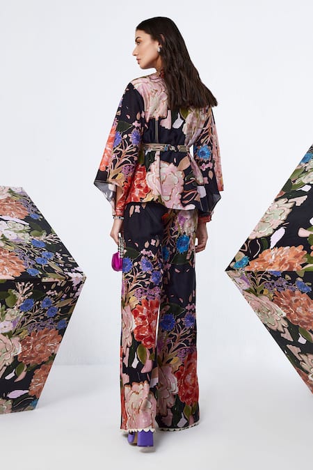 Shop Ridhi Mehra Black Chanderi Embroidery Round Neck Corymbia Bloom Print Shirt Flared Pant Set at Aza Fashions Shop_Ridhi Mehra_Black Chanderi Embroidery Round Neck Corymbia Bloom Print Shirt Flared Pant Set _at_Aza_Fashions