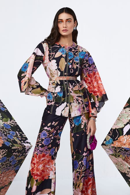 Buy Ridhi Mehra Black Chanderi Embroidery Round Neck Corymbia Bloom Print Shirt Flared Pant Set Online at Aza Fashions Buy_Ridhi Mehra_Black Chanderi Embroidery Round Neck Corymbia Bloom Print Shirt Flared Pant Set _Online_at_Aza_Fashions