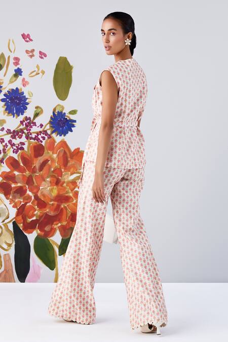 Shop Ridhi Mehra Ivory Chanderi Round Neck Clemensia Daffodil Print Shirt Flared Pant Set at Aza Fashions Shop_Ridhi Mehra_Ivory Chanderi Round Neck Clemensia Daffodil Print Shirt Flared Pant Set _at_Aza_Fashions