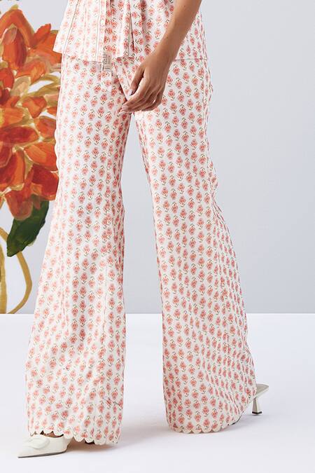 Ridhi Mehra Ivory Chanderi Round Neck Clemensia Daffodil Print Shirt Flared Pant Set Online at Aza Fashions Ridhi Mehra_Ivory Chanderi Round Neck Clemensia Daffodil Print Shirt Flared Pant Set _Online_at_Aza_Fashions