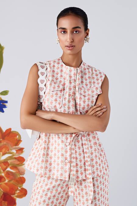 Buy Ridhi Mehra Ivory Chanderi Round Neck Clemensia Daffodil Print Shirt Flared Pant Set Online at Aza Fashions Buy_Ridhi Mehra_Ivory Chanderi Round Neck Clemensia Daffodil Print Shirt Flared Pant Set _Online_at_Aza_Fashions