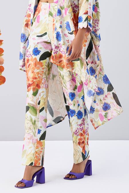 Ridhi Mehra Multi Color Chanderi Oleana Bloom Paint Print Cape Pant Set Online at Aza Fashions Ridhi Mehra_Multi Color Chanderi Oleana Bloom Paint Print Cape Pant Set _Online_at_Aza_Fashions
