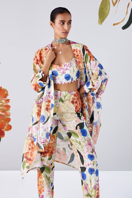 Shop Ridhi Mehra Multi Color Chanderi Oleana Bloom Paint Print Cape Pant Set Online at Aza Fashions Shop_Ridhi Mehra_Multi Color Chanderi Oleana Bloom Paint Print Cape Pant Set _Online_at_Aza_Fashions