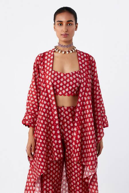 Ridhi Mehra Red Chanderi Pema Tulip Motif Print Cape Pant Set Online at Aza Fashions Ridhi Mehra_Red Chanderi Pema Tulip Motif Print Cape Pant Set _Online_at_Aza_Fashions