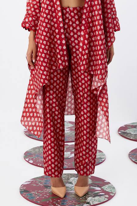 Buy Ridhi Mehra Red Chanderi Pema Tulip Motif Print Cape Pant Set Online at Aza Fashions Buy_Ridhi Mehra_Red Chanderi Pema Tulip Motif Print Cape Pant Set _Online_at_Aza_Fashions