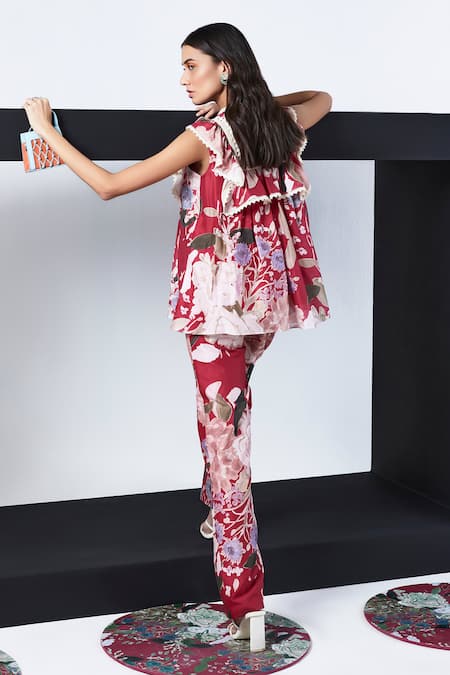 Shop Ridhi Mehra Red Chanderi Lace, Embroidery Rhoswen Raflessia Print Ruffled Yoke Top With Pant at Aza Fashions Shop_Ridhi Mehra_Red Chanderi Lace, Embroidery Rhoswen Raflessia Print Ruffled Yoke Top With Pant _at_Aza_Fashions