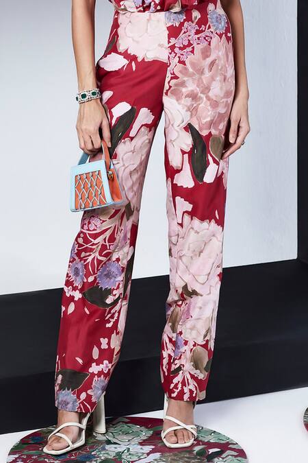 Shop Ridhi Mehra Red Chanderi Lace, Embroidery Rhoswen Raflessia Print Ruffled Yoke Top With Pant Online at Aza Fashions Shop_Ridhi Mehra_Red Chanderi Lace, Embroidery Rhoswen Raflessia Print Ruffled Yoke Top With Pant _Online_at_Aza_Fashions