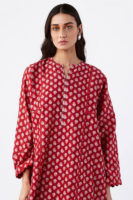 Ridhi Mehra Red Chanderi Print Dahlia Teryn Floral Boota Kurta With Salwar Online at Aza Fashions Ridhi Mehra_Red Chanderi Print Dahlia Teryn Floral Boota Kurta With Salwar _Online_at_Aza_Fashions