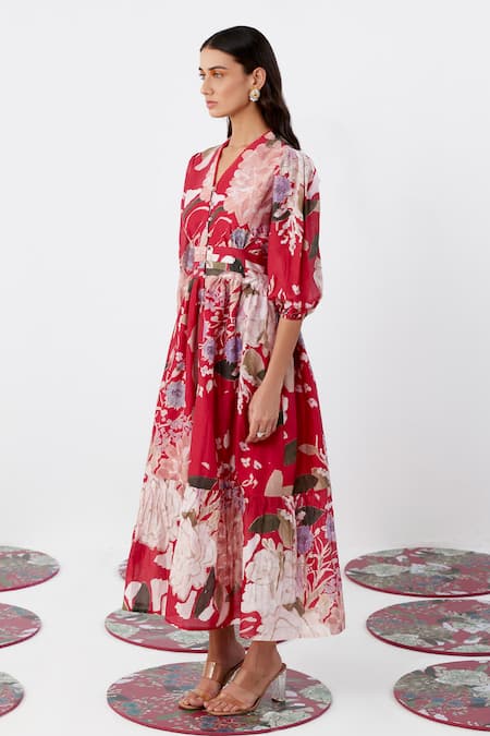 Buy_Ridhi Mehra_Red Chanderi Embroidery V-neck Raizel Cockscomb Blossom Print Dress _Online_at_Aza_Fashions