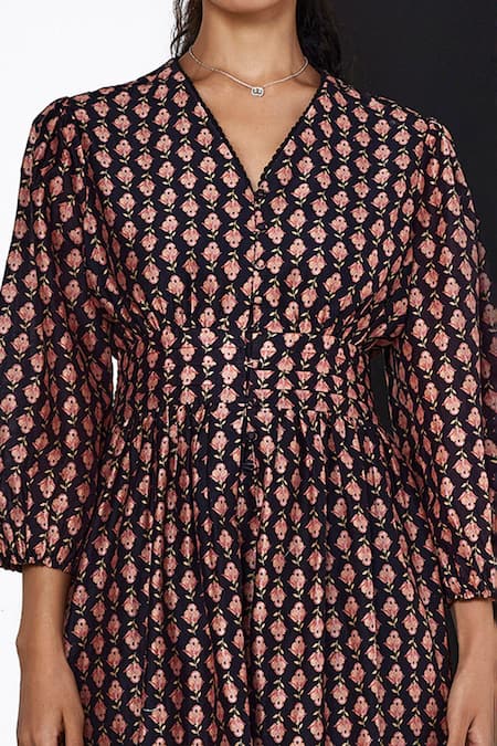 Ridhi Mehra Black Chanderi Embroidery V-neck Fiorello Dianthus Blossom Print Dress Online at Aza Fashions Ridhi Mehra_Black Chanderi Embroidery V-neck Fiorello Dianthus Blossom Print Dress _Online_at_Aza_Fashions
