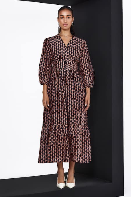 Buy Ridhi Mehra Black Chanderi Embroidery V-neck Fiorello Dianthus Blossom Print Dress Online at Aza Fashions Buy_Ridhi Mehra_Black Chanderi Embroidery V-neck Fiorello Dianthus Blossom Print Dress _Online_at_Aza_Fashions