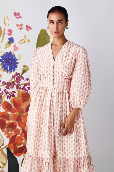 Ridhi Mehra_Ivory Chanderi Embroidery V-neck Sireli Poppy Blossom Print Dress _Online_at_Aza_Fashions