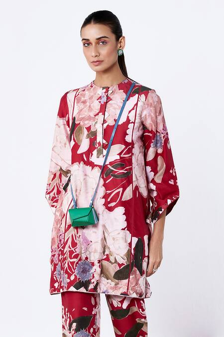 Ridhi Mehra_Red Chanderi Printed And Embellished Floral Mawar Kurta & Pant Set  _Online_at_Aza_Fashions