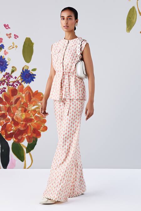 Shop Ridhi Mehra Ivory Chanderi Round Neck Clemensia Daffodil Print Shirt Flared Pant Set Online at Aza Fashions Shop_Ridhi Mehra_Ivory Chanderi Round Neck Clemensia Daffodil Print Shirt Flared Pant Set _Online_at_Aza_Fashions