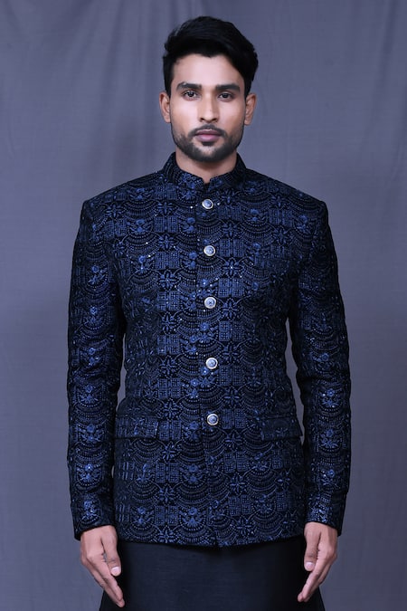 Arihant Rai Sinha_Blue Velvet, Silk Sequins, Embroidery Sherwani Set _Online_at_Aza_Fashions