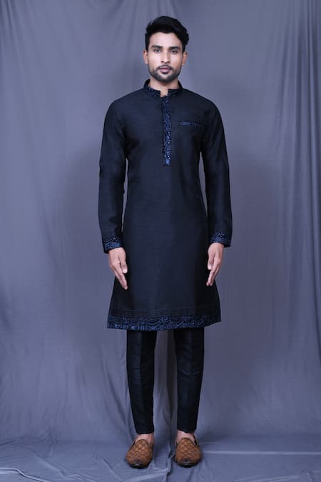 Shop_Arihant Rai Sinha_Blue Velvet, Silk Sequins, Embroidery Sherwani Set _Online_at_Aza_Fashions