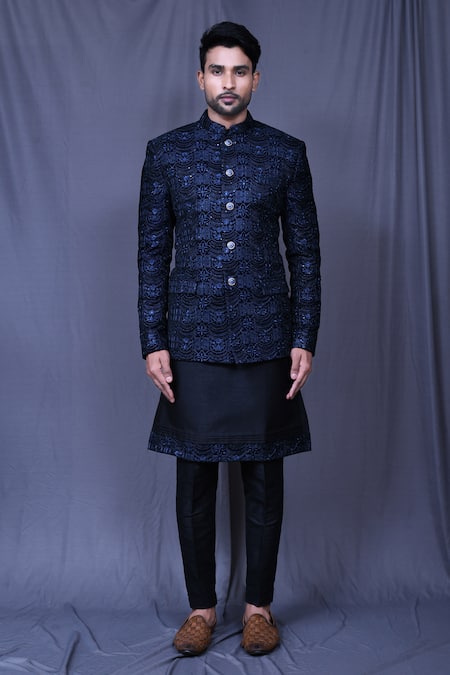 Arihant Rai Sinha_Blue Velvet, Silk Sequins, Embroidery Sherwani Set _at_Aza_Fashions