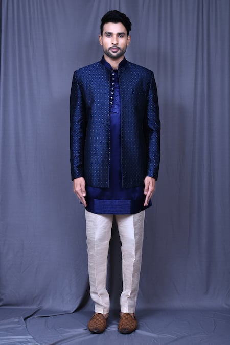 Arihant Rai Sinha_Blue Jacquard, Silk, Satin Sequins, Embroidery Floral And Thread Sherwani Set _at_Aza_Fashions