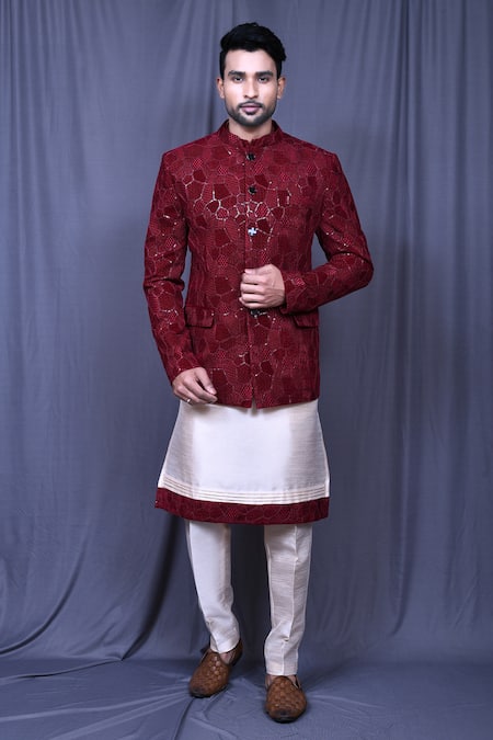 Aryavir Malhotra Maroon Banglori Silk Embroidered Floral Thread And Sherwani Set