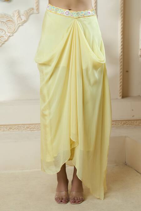 Shop_Aariyana Couture_Yellow Silk, Viscose Embroidery Scoop Neck Draped Skirt Set With Long Cape_Online_at_Aza_Fashions
