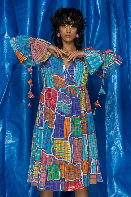 Buy Doh Tak Keh Blue Cotton Tassels V-neck Gingham Printed Tiered Wrap Dress Online at Aza Fashions Buy_Doh Tak Keh_Blue Cotton Tassels V-neck Gingham Printed Tiered Wrap Dress_Online_at_Aza_Fashions